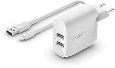 Belkin Dual USB-A vgoplader 24w + USB-A til lynkabel